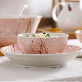 顺祥陶瓷餐具樱花烂漫系列釉下彩礼品碗碟套装散瓷